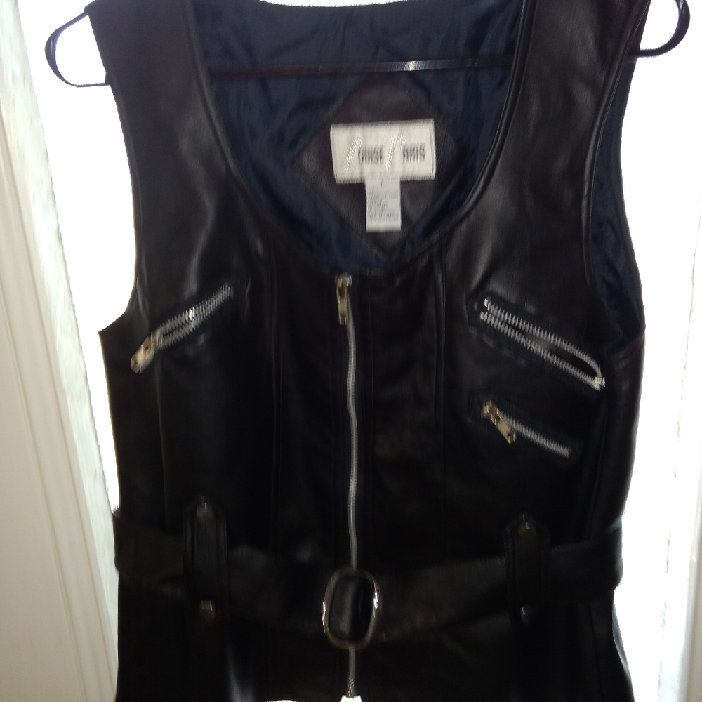 Vegan mock leather women's black biker style vest waistcoat w belt large - Picture 6 of 8